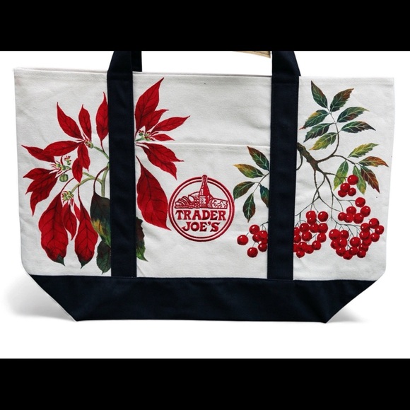 Hand-Painted Trader Joe’s Large Canvas Tote Bag – Christmas Red Leaves & Berries - Picture 2 of 4